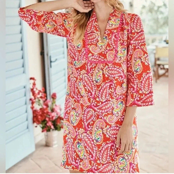 Boden Evangeline Linen Tunic Dress in Red Pop Mexican Paisley Size 4 petite - Picture 16 of 16